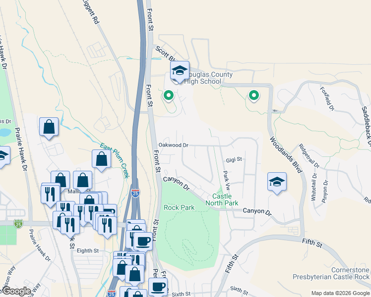 map of restaurants, bars, coffee shops, grocery stores, and more near 902 Mountain View in Castle Rock