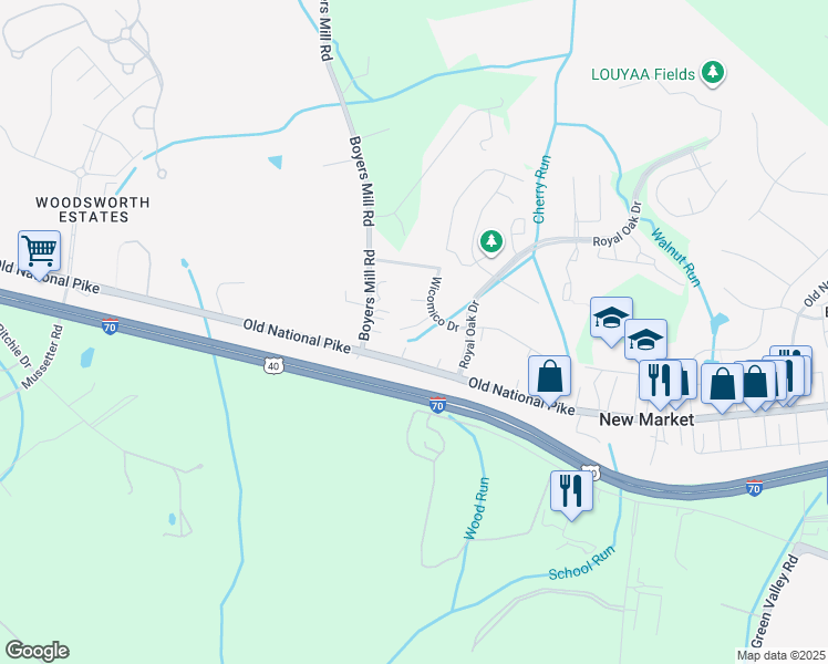 map of restaurants, bars, coffee shops, grocery stores, and more near 178 Wicomico Drive in New Market