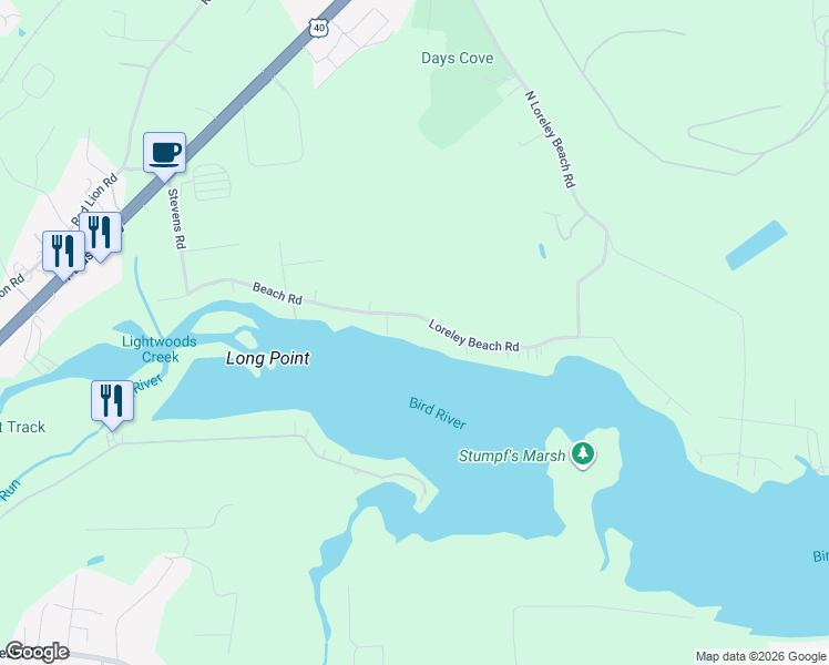 map of restaurants, bars, coffee shops, grocery stores, and more near 6019 Loreley Beach Road in White Marsh