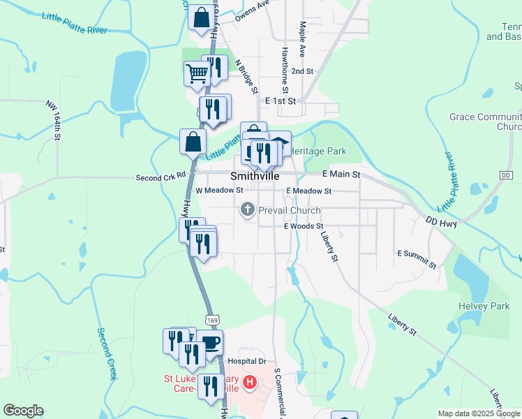 map of restaurants, bars, coffee shops, grocery stores, and more near 301 South Bridge Street in Smithville