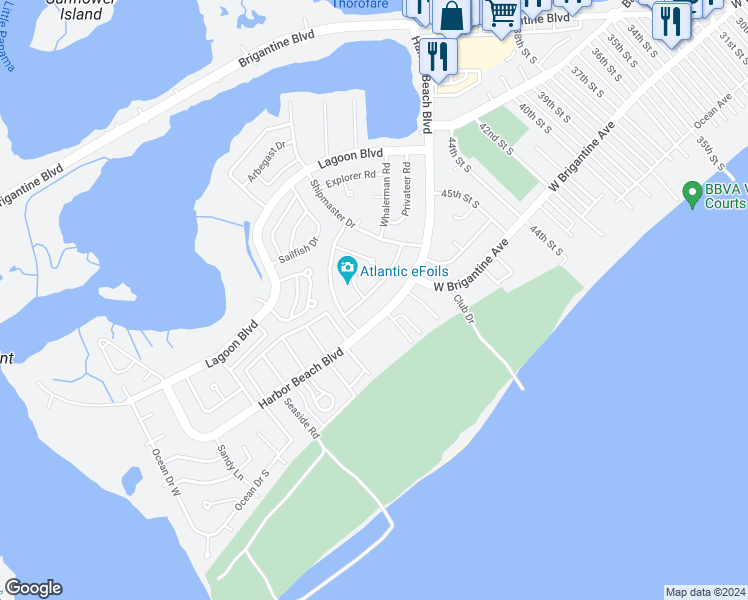 map of restaurants, bars, coffee shops, grocery stores, and more near 4624 Schooner Road in Brigantine