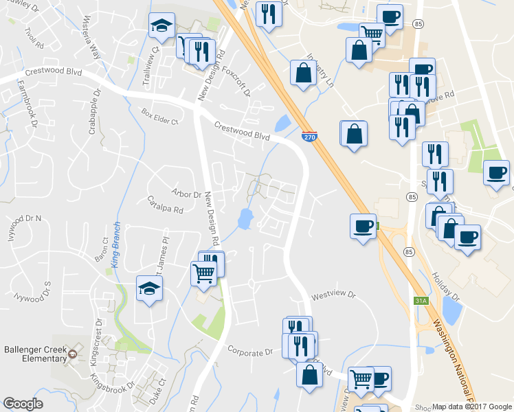map of restaurants, bars, coffee shops, grocery stores, and more near 5513 Oberlin Place in Frederick