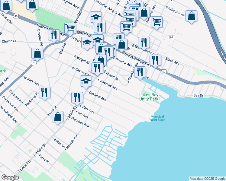 map of restaurants, bars, coffee shops, grocery stores, and more near 101 East Bayview Avenue in Pleasantville