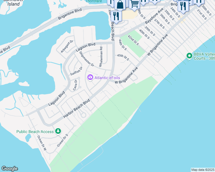 map of restaurants, bars, coffee shops, grocery stores, and more near 4612 Harbor Beach Boulevard in Brigantine