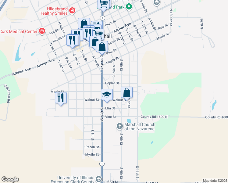 map of restaurants, bars, coffee shops, grocery stores, and more near 800 Cherry Street in Marshall