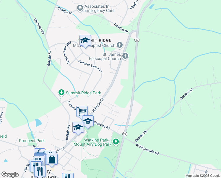 map of restaurants, bars, coffee shops, grocery stores, and more near 1007 Main Street in Mount Airy