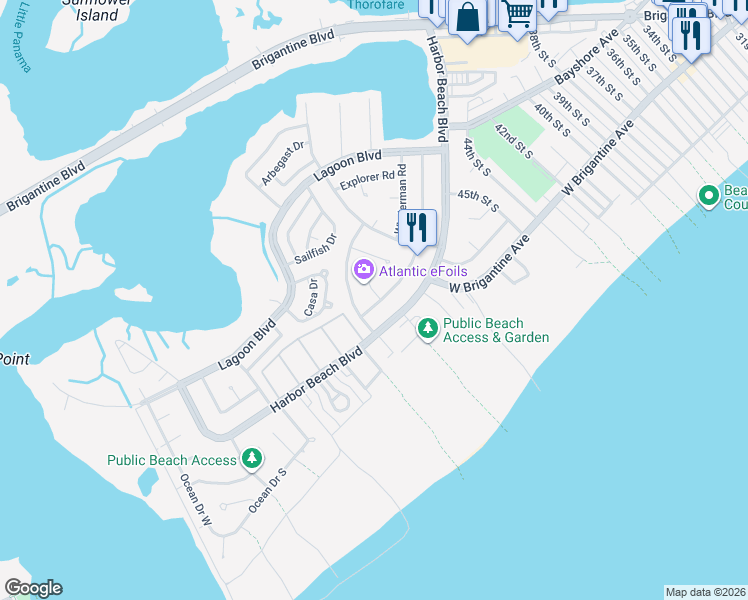 map of restaurants, bars, coffee shops, grocery stores, and more near 4624 Schooner Road in Brigantine