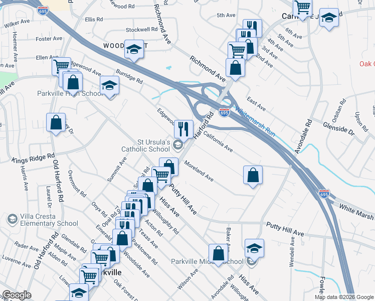 map of restaurants, bars, coffee shops, grocery stores, and more near 8913 Harford Road in Parkville