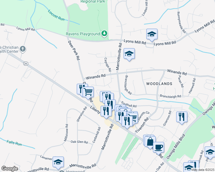 map of restaurants, bars, coffee shops, grocery stores, and more near 4 Pima Court in Randallstown
