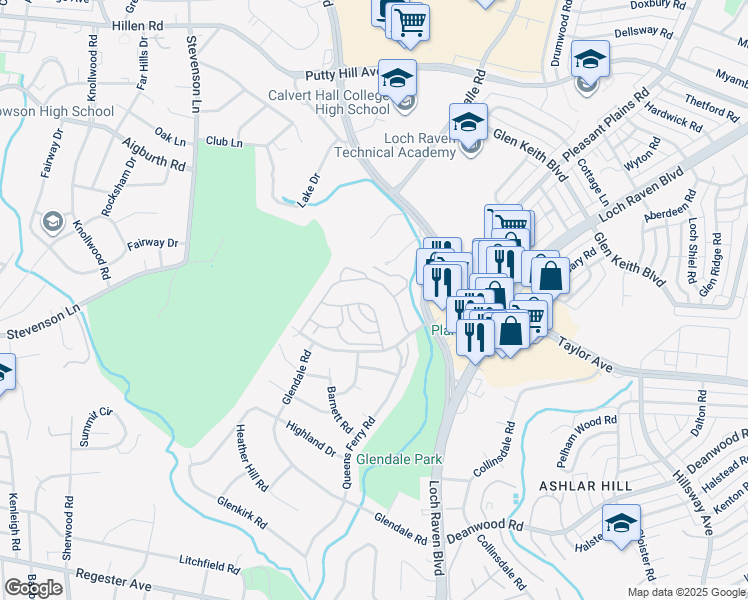 map of restaurants, bars, coffee shops, grocery stores, and more near 6911 Donachie Road in Towson