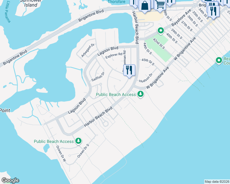 map of restaurants, bars, coffee shops, grocery stores, and more near 4624 Schooner Road in Brigantine