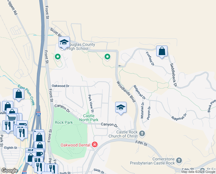 map of restaurants, bars, coffee shops, grocery stores, and more near 997 Oakwood Drive in Castle Rock