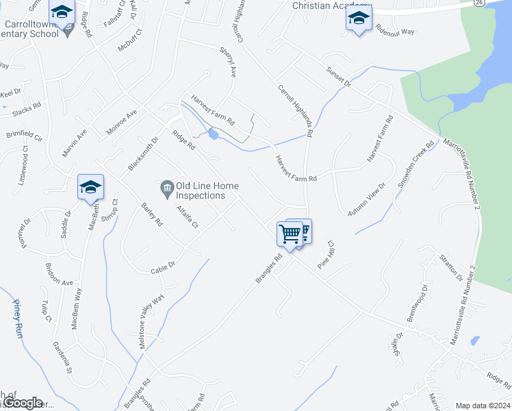 map of restaurants, bars, coffee shops, grocery stores, and more near 6829 Ridge Road in Marriottsville