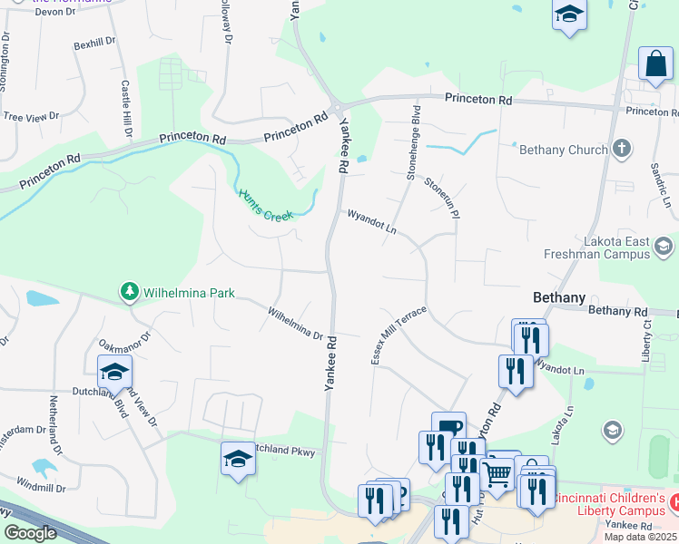 map of restaurants, bars, coffee shops, grocery stores, and more near 6576 Yankee Road in Butler County