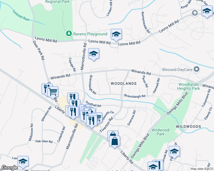 map of restaurants, bars, coffee shops, grocery stores, and more near 4108 Springsleigh Road in Randallstown