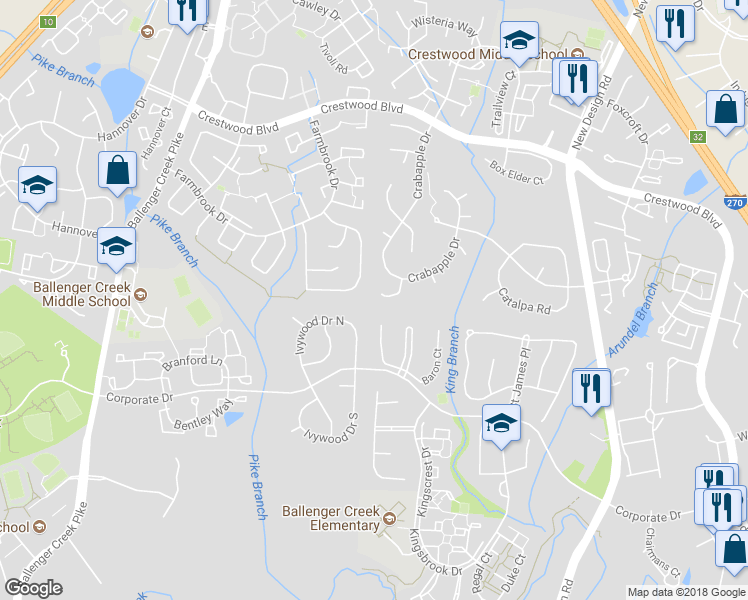 map of restaurants, bars, coffee shops, grocery stores, and more near 6853 Snowberry Court in Frederick