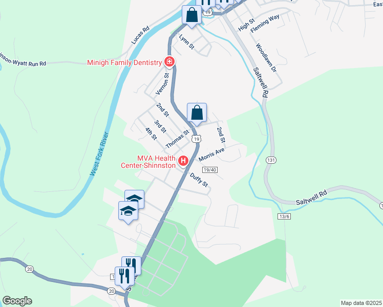 map of restaurants, bars, coffee shops, grocery stores, and more near 697 South Pike Street in Shinnston