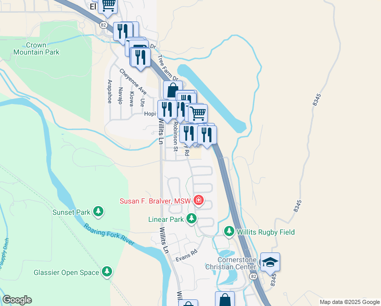 map of restaurants, bars, coffee shops, grocery stores, and more near 979 East Valley Road in Basalt
