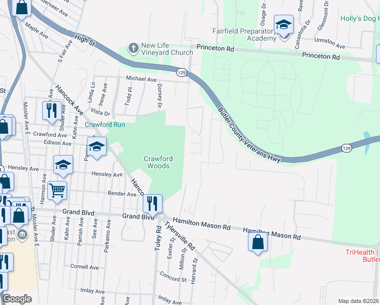 map of restaurants, bars, coffee shops, grocery stores, and more near Summit Ridge Court in Hamilton