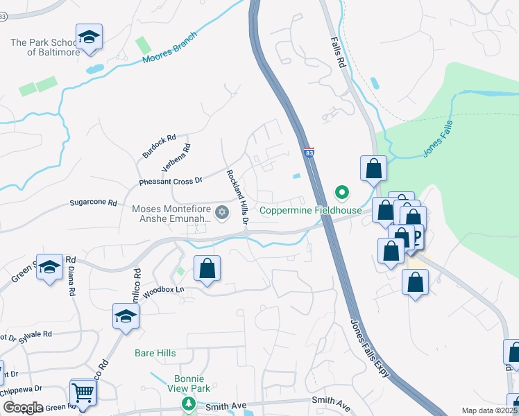 map of restaurants, bars, coffee shops, grocery stores, and more near 2 Clear Skys Court in Baltimore