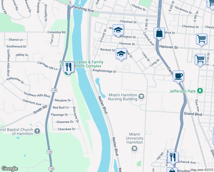 map of restaurants, bars, coffee shops, grocery stores, and more near 101 Knightsbridge Drive in Hamilton