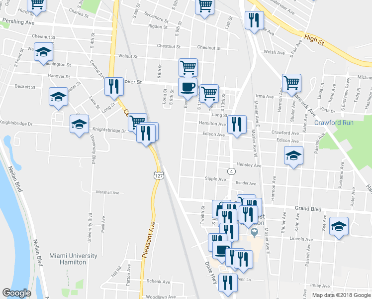 map of restaurants, bars, coffee shops, grocery stores, and more near 948 East Avenue in Hamilton