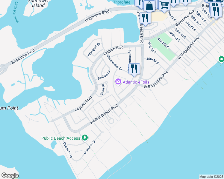 map of restaurants, bars, coffee shops, grocery stores, and more near 21A Lighthouse Drive in Brigantine