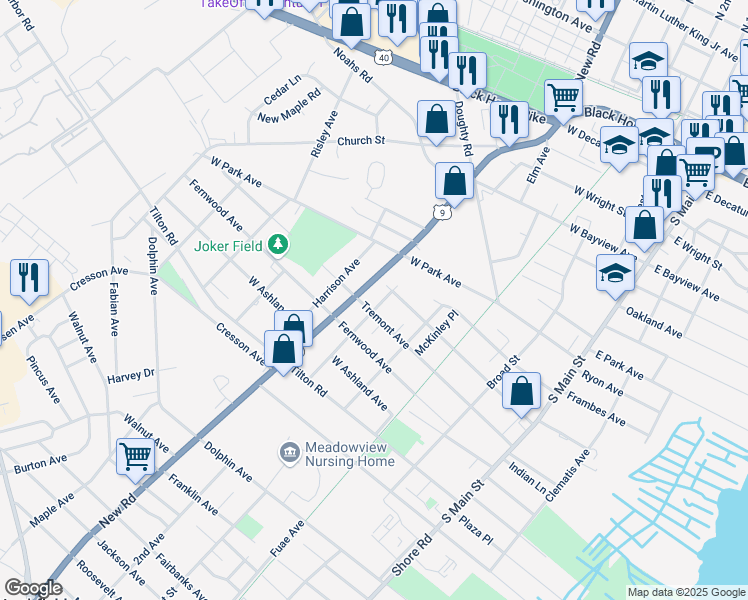 map of restaurants, bars, coffee shops, grocery stores, and more near 1102 Columbia Avenue in Pleasantville
