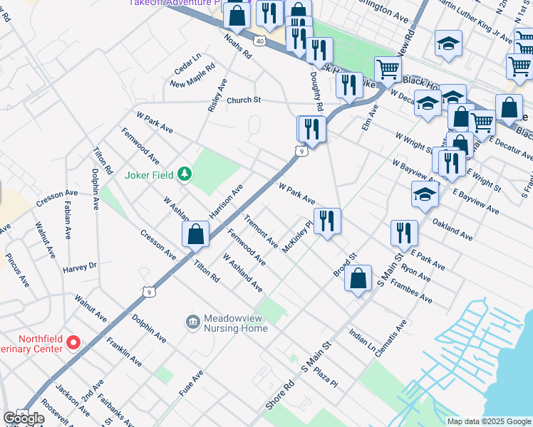 map of restaurants, bars, coffee shops, grocery stores, and more near 1102 Columbia Avenue in Pleasantville