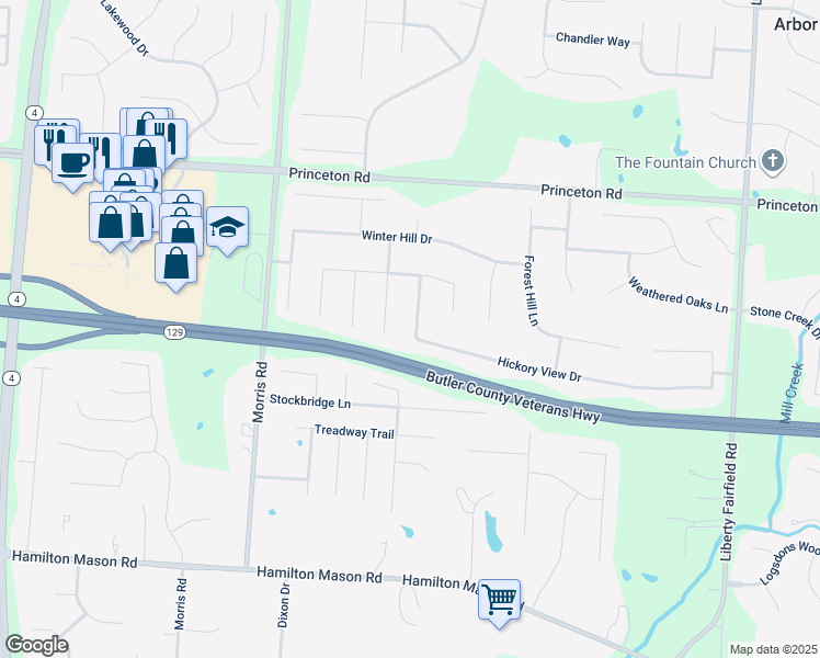 map of restaurants, bars, coffee shops, grocery stores, and more near 3783 Hickory View Drive in Hamilton