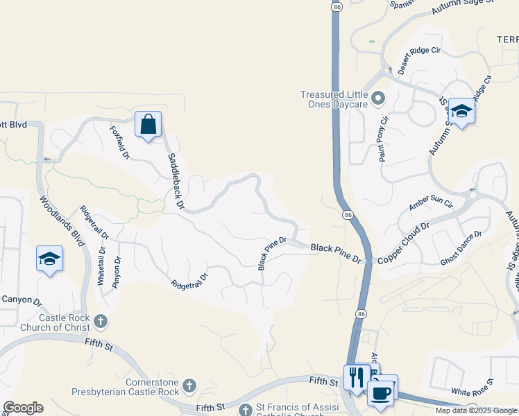 map of restaurants, bars, coffee shops, grocery stores, and more near 2605 Saddleback Court in Castle Rock