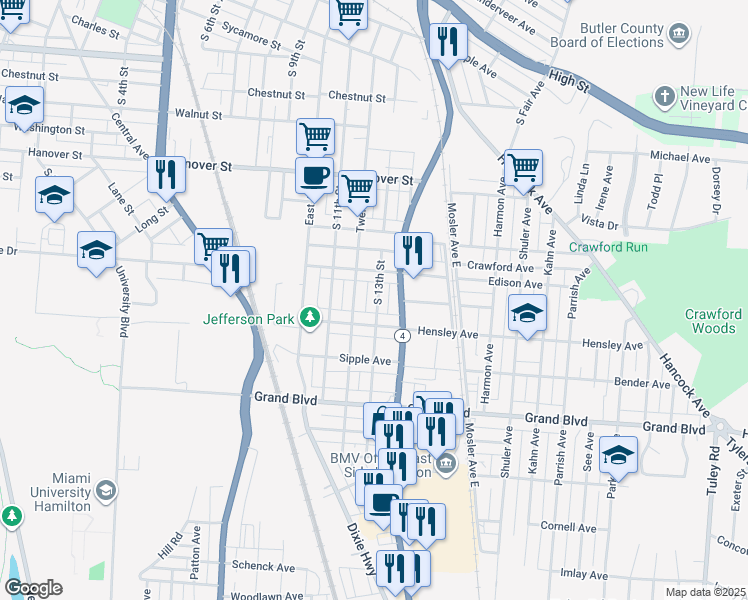 map of restaurants, bars, coffee shops, grocery stores, and more near 947 South 13th Street in Hamilton