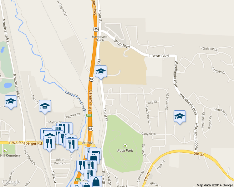 map of restaurants, bars, coffee shops, grocery stores, and more near 501 Oakwood Drive in Castle Rock