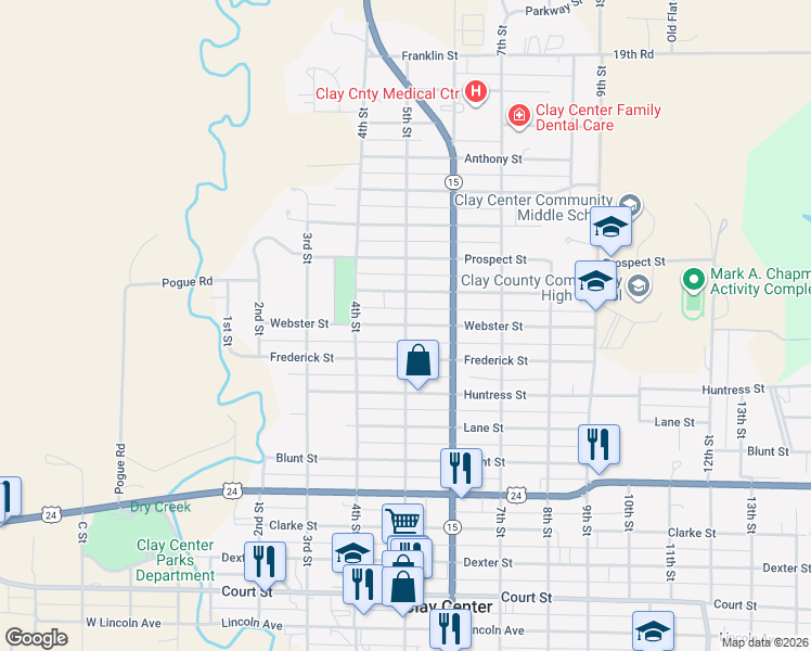 map of restaurants, bars, coffee shops, grocery stores, and more near 500 Webster Street in Clay Center