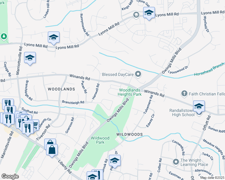 map of restaurants, bars, coffee shops, grocery stores, and more near 9537 Wesland Circle in Randallstown