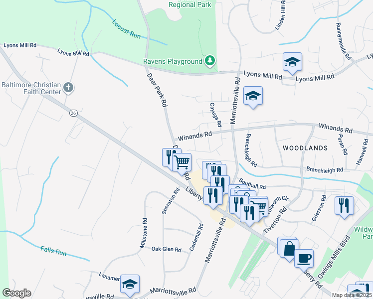 map of restaurants, bars, coffee shops, grocery stores, and more near 9998 Tuscarora Road in Randallstown