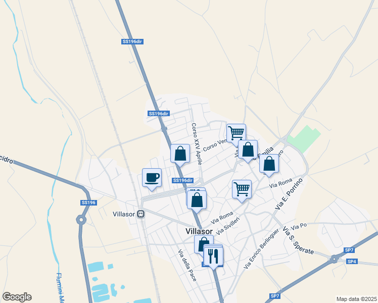 map of restaurants, bars, coffee shops, grocery stores, and more near 21 Via Y. A. Gagarin in Villasor