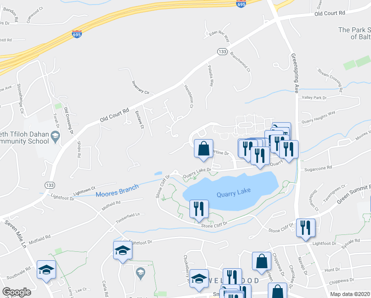map of restaurants, bars, coffee shops, grocery stores, and more near 2901 Boulderton Court in Baltimore