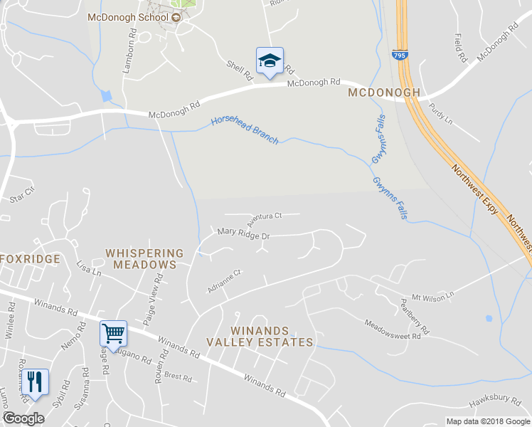 map of restaurants, bars, coffee shops, grocery stores, and more near 33 Aventura Court in Randallstown