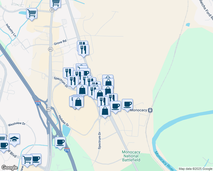 map of restaurants, bars, coffee shops, grocery stores, and more near 5557 Urbana Pike in Frederick