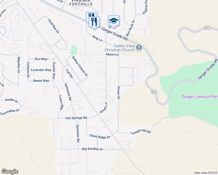 map of restaurants, bars, coffee shops, grocery stores, and more near 15260 Kivett Lane in Reno