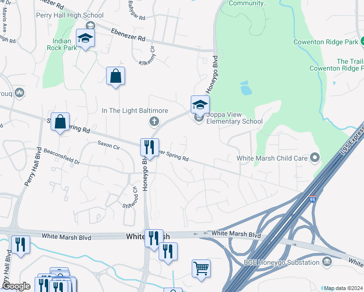 map of restaurants, bars, coffee shops, grocery stores, and more near 4908 Silver Spring Road in Perry Hall