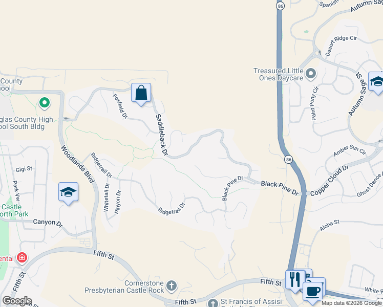 map of restaurants, bars, coffee shops, grocery stores, and more near 2326 Saddleback Drive in Castle Rock