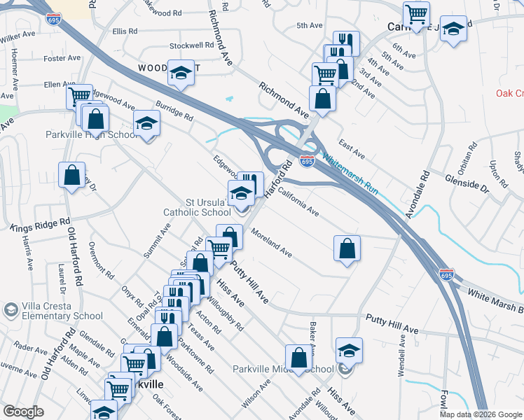 map of restaurants, bars, coffee shops, grocery stores, and more near 8913 Harford Road in Parkville