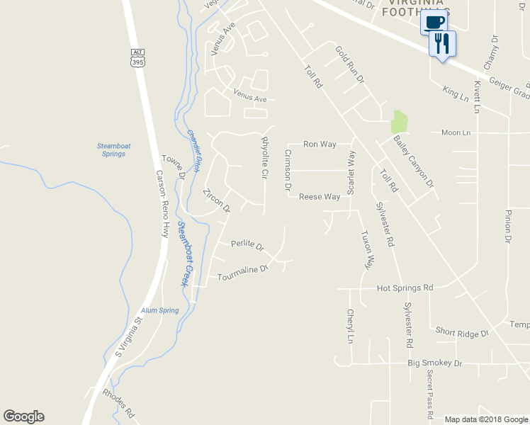 map of restaurants, bars, coffee shops, grocery stores, and more near 14093 Rhyolite Court in Reno