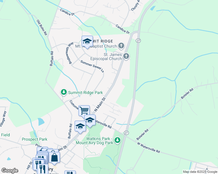 map of restaurants, bars, coffee shops, grocery stores, and more near 1008 North Main Street in Mount Airy