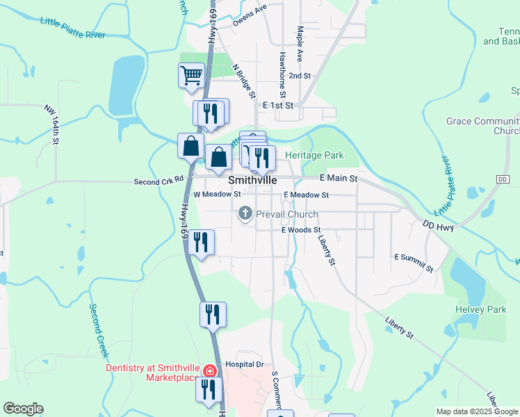 map of restaurants, bars, coffee shops, grocery stores, and more near 301 South Bridge Street in Smithville