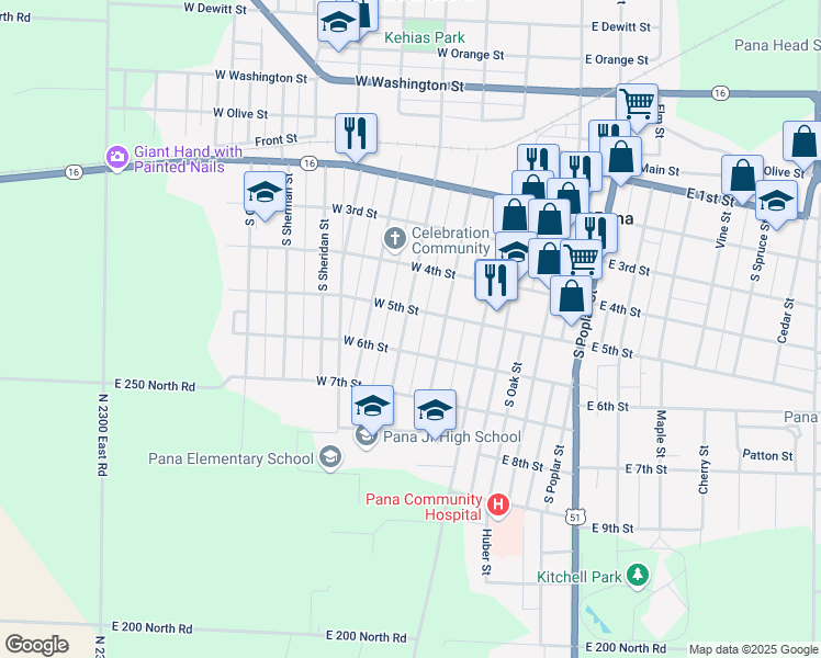 map of restaurants, bars, coffee shops, grocery stores, and more near 406 South State Street in Pana