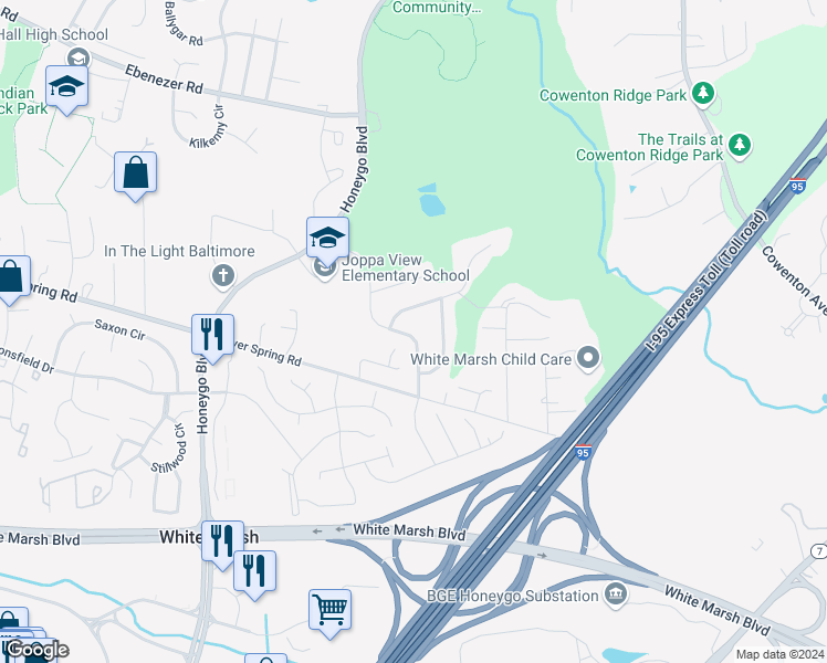 map of restaurants, bars, coffee shops, grocery stores, and more near 8619 Silver Knoll Drive in Perry Hall