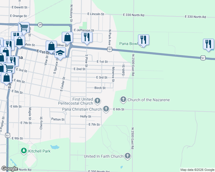 map of restaurants, bars, coffee shops, grocery stores, and more near 1008 Birch Street in Pana